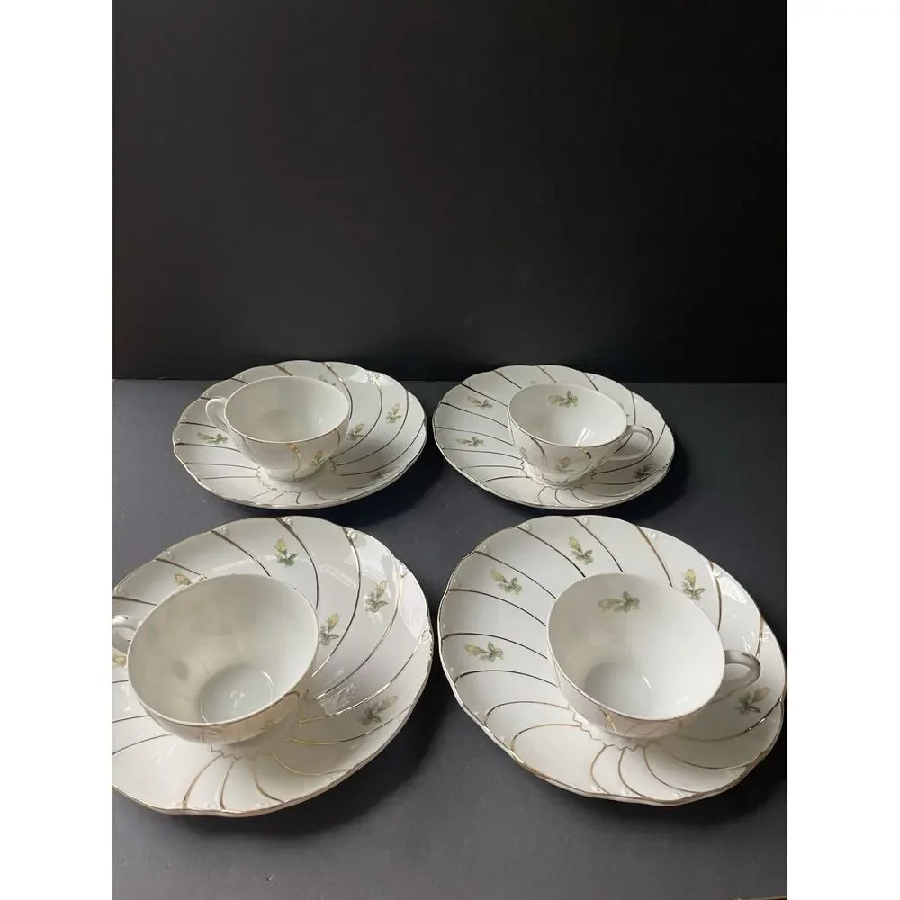 Yamaka Tea Set (4) Cup Saucer Snack Plate Japanese White China Asian Oriental